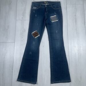 Vintage Bebe Y2k Low Rise Size 31 Flare Jeans Patchwork Rhinestone Distressed
